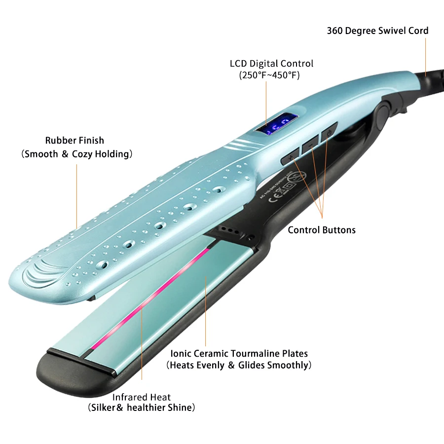 Керамика широкая плита выпрямитель для волос Профессиональный ЖК-дисплей Дисплей Flat Iron отрицательные ионы инфракрасным выправляя