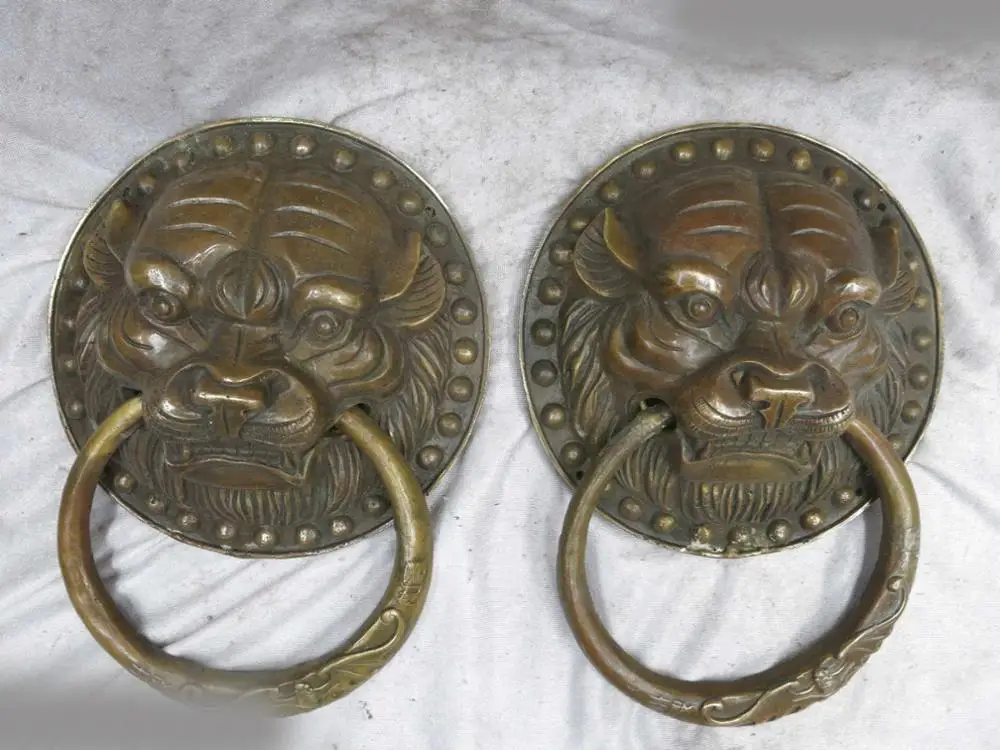

DS China brass sculpture China carved copper Feng Shui tiger knocker pair Statue