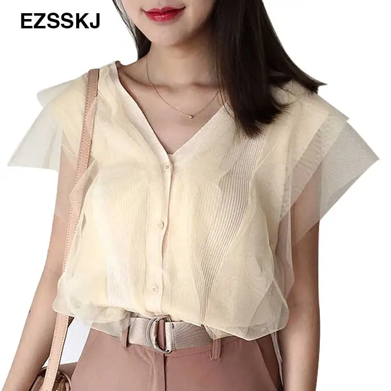 

New Summer Women Mesh T Shirt Sleeveless V Neck lace knitted patchwprk Tops Tees Female girls T-Shirt chic solid