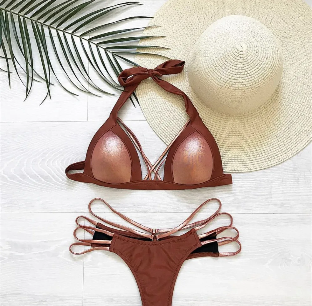 

Sexy Strip Bikini Set Thong Women 2019 Patchwork Swimsuit Backless Bathing Suit Women Push Up Swimwear Halter Top Biquini G03
