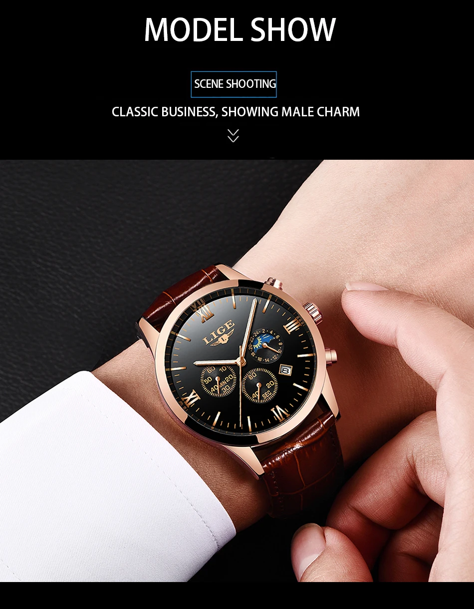 LIGE Mens Watches Top Brand Luxury Fashion Watch Men Leather Quartz Clock For Male Auto Date Rose Gold Shell relogio masculino