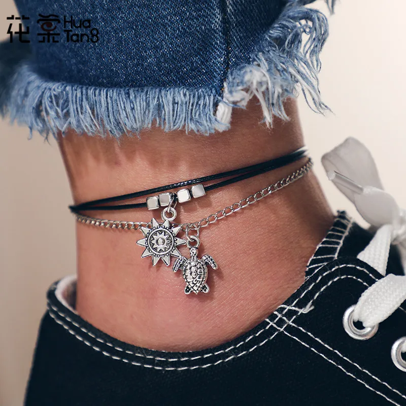 

HuaTang Bohemian Silver Chain Anklet Geometric Turtle Flower Layered Foot Chain Womens Fashion Anklet Statement Jewelry 6895
