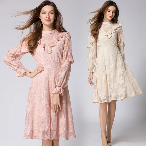 2018 Autumn New Long-sleeved Ruffled Midi Temperament Lady Openwork Embroidered Long Lace Dress Dresses