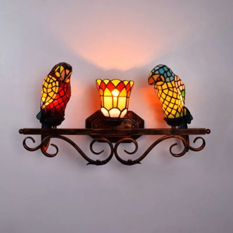 Stained Glass Two Parrots Wall Lighting Lamp Fixture Color Shell Style