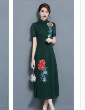Высокое качество вышитые Вьетнам аозай Кружево платье Ципао Самме белый платье Ципао - Цвет: Зеленый