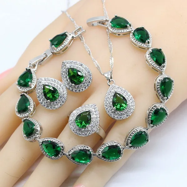 Серебряный Цвет Свадебные Ювелирные наборы для женщин Груша Форма зеленый полудрагоценное ожерелье кулон серьги кольцо браслет - Окраска металла: 4PCS