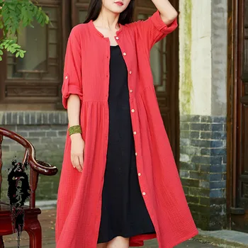 

2020 New Arrival Women Fashion Spring Summer Long Sleeve Button Down Long Maxi Cotton Linen Outwear Jacket Coat