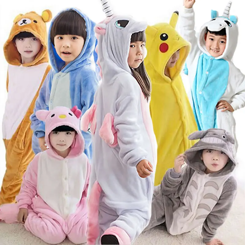 

Flannel Children kigurumi Pajamas Set Winter Hooded Animal Unicorn Pikachu Stitch Kids Pajamas For Boys Girls Sleepwear Onesies