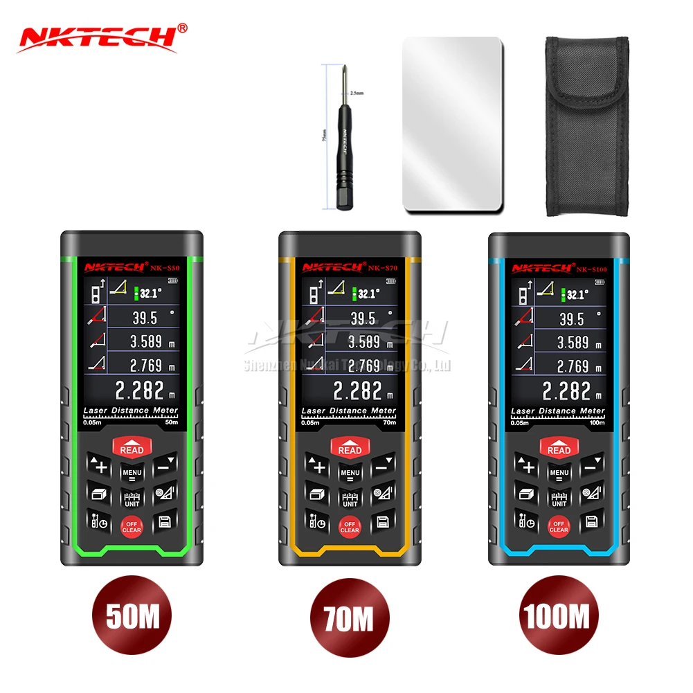 NKTECH 50/70/100m Laser Distance Meter USB Rechargeable Rangefinder Range Finder Area Volume Angle TFT Display Delay Skating-out