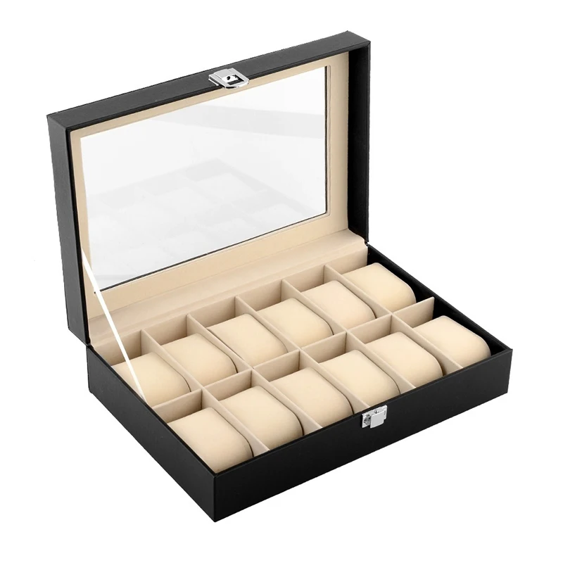 

New Fashion Superior 12 Grids Black Watch Display Box Storage Showing Box Case Organizer Watch Boxes PT
