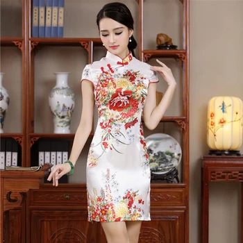 

Sexy Mini Stain Women's Short Sleeve Qipao Dress Chinese Vintage Mandarin Collar Formal Short Flower Cheongsam M L XL XXL JY013