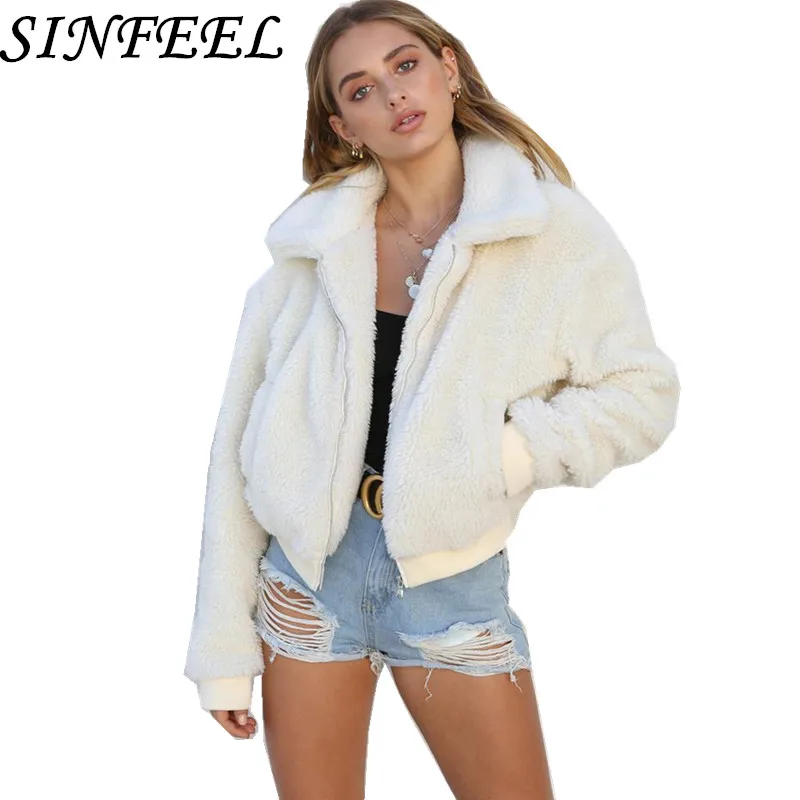 

SINFEEL Faux Lambswool Zipper Pocket Oversized Short Jacket Coat Winter Warm Jacket Women Autumn Outerwear Fur Jacket OverCoat