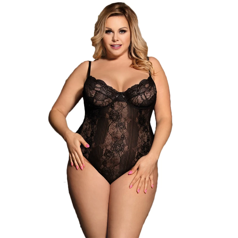 Body Mujer Sexy Teddy Floral Lace Striped Leotard Women Plus Size Rompers Womens Jumpsuit See Through Bodysuit Woman RW80536