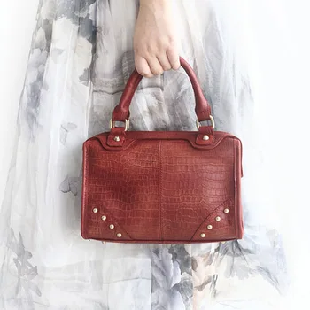 

2018 novelty vintage genuine leather boston bag for women retro cowhide tote handbag summer large capacity one shoulder bag