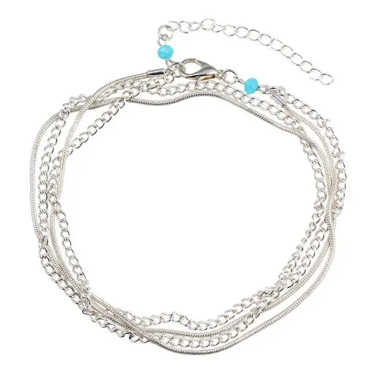 

High Quality Multilayer Silver Anklets for Women Ankle Bracelets Female Halhal Foot Chain Blue Beads Charm Beach Sandal Barefoot