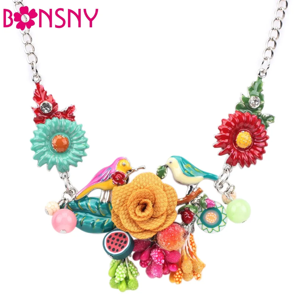 Bonsny Statement Choker Enamel Flower Necklace Alloy Bird Metal Chain Pendants 2016 New Jewelry For Women Charm Accessories