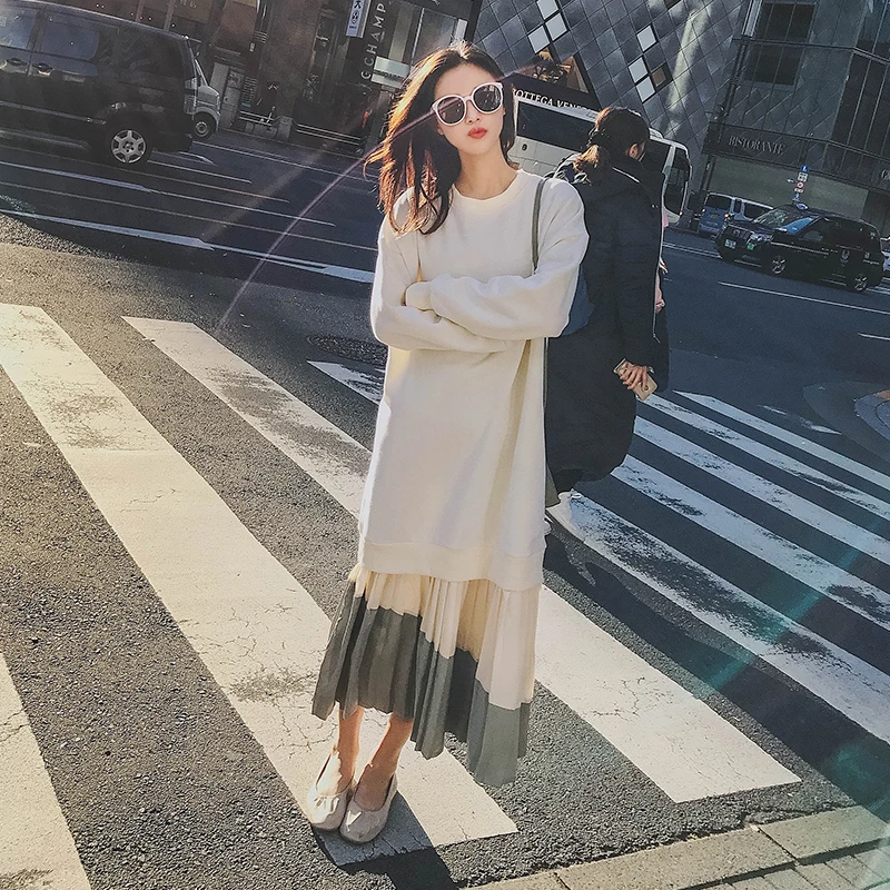 

Casual Patchwork Color Round Neck Sweatshirt Loose Dress 2019 Spring Leisure Fake Two Pieces Chiffon White Pullover Women S-XL