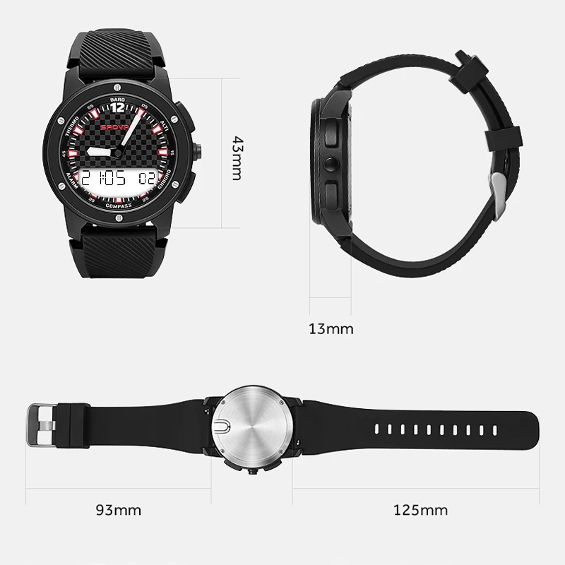 SPOVAN GEMINI двойной дисплей часы с компасом/водонепроницаемый/светодиодный Подсветка Черный