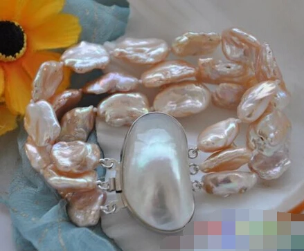 

free shipping 01184 3row 8" pink baroque keshi reborn pearl bracelet mabe clasp
