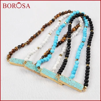 

BOROSA 14inch Gold Color Natural Rectangle Blue Howlite Wrap Bracelet With 6mm Mixed Stones Beads Drusy Women Bracelet G0791