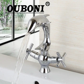 

OUBONI Polished Chrome Torneira Two Handles Deck Mounted Delfin Bathroom Widespread Faucet Bathroom Basin sink Mixer Taps