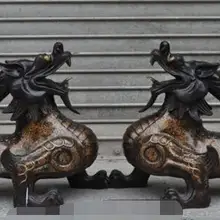 S00524 3" Китайский Фэншуй Бронзовый PiXiu Единорог Phylactery Guardian пара статуй зверей