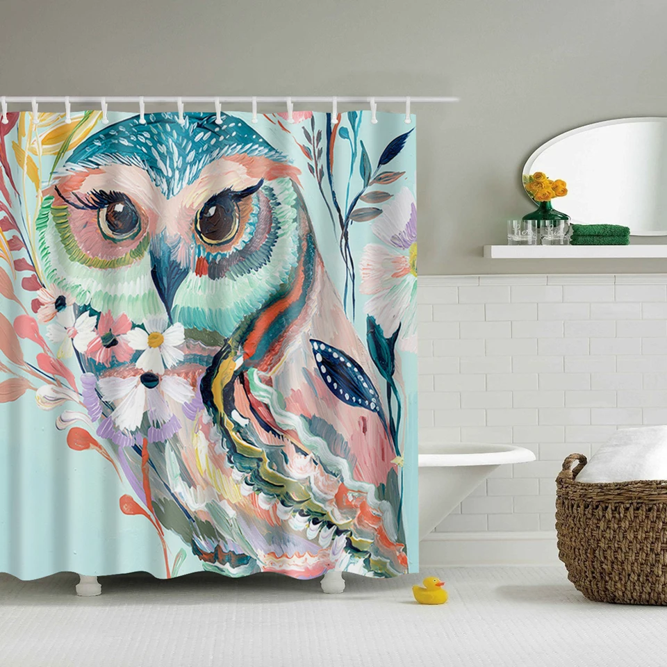 

Color Owl Pattern Waterproof Bathroom Shower Curtain Anti Bacterial with 12pcs Hooks 71"