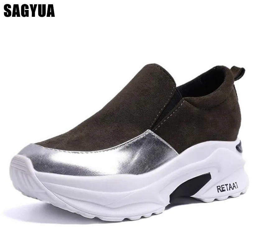 

Brand Women Flat Platform casual shoes 2019 Spring woman Round Toe Slip on Loafers shoes Ladies Comfort Heightening shoes A155
