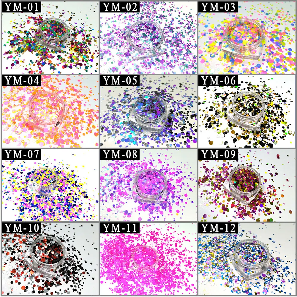 YM-01-12 12 коробок/партия 1 мм 2 мм 3 мм смешанные цвета круглые пайетки Блестки Мини конфетти из блесток свободный дизайн ногтей 3D Неоновый в горошек