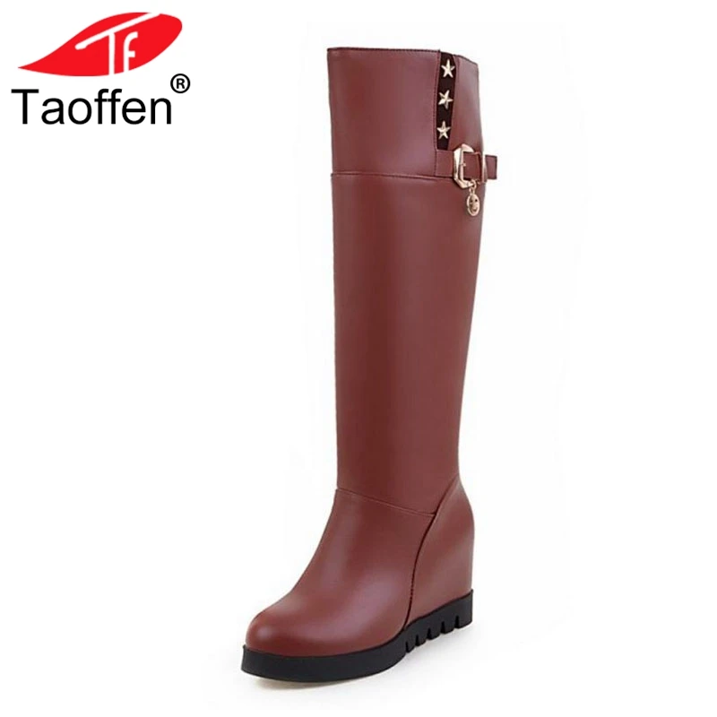 

Taoffen Women Knee High Boots Fashion Metal Buckle Fur Shoes Women Winter Keep Warm Flats Boots Round Toe Shoes Size 34-43