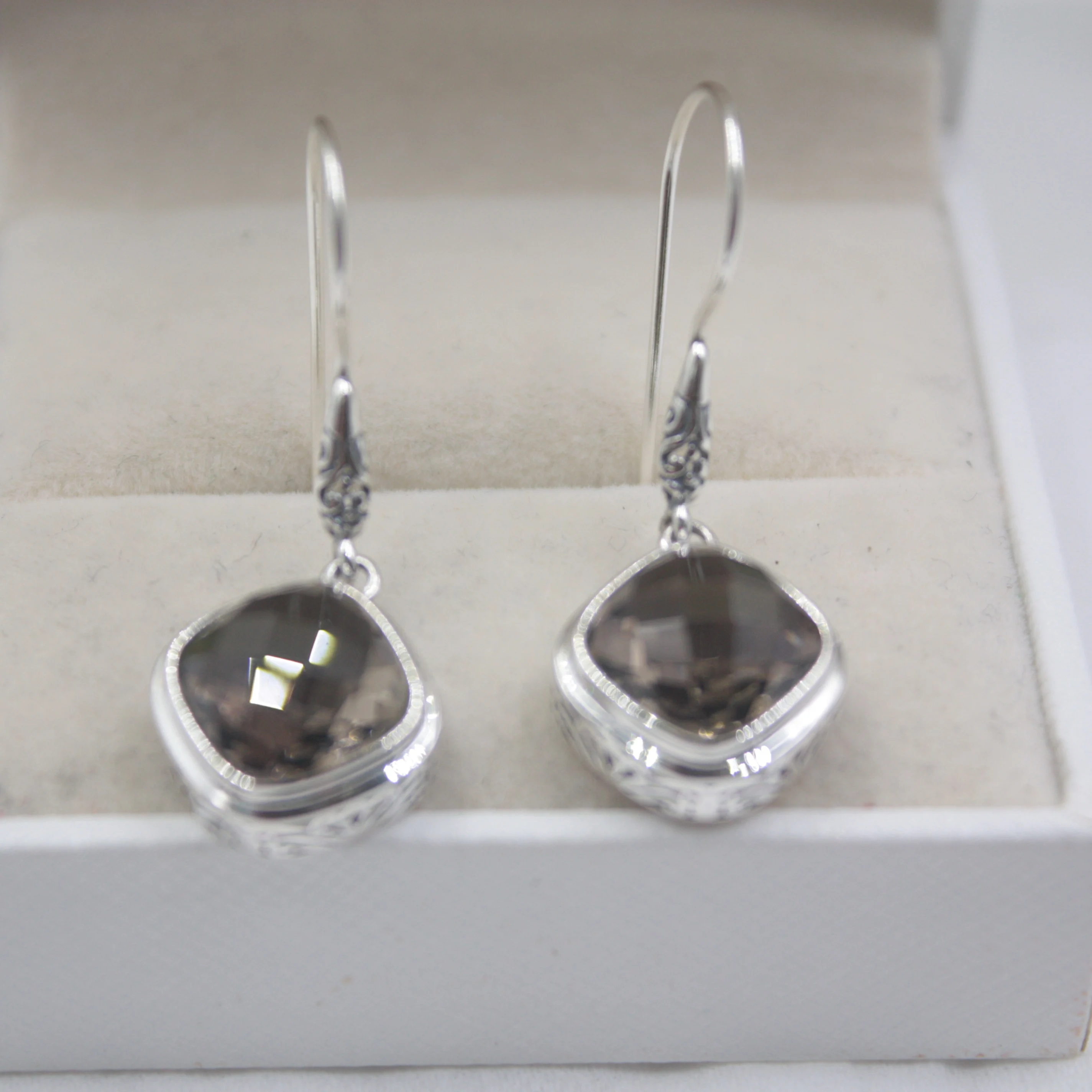 

Real Sterling S925 Silver Earrings Smoky Quartz Round For Women Ladies Girl 35*8mm Dangle Earrings Hook