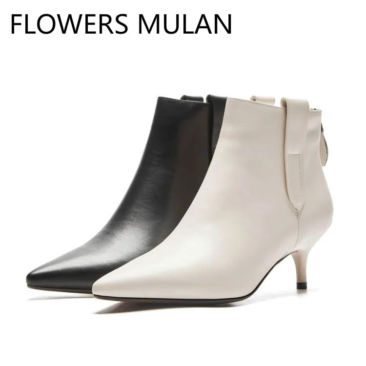 

Black Whie New Leather Ankle Boots For Women Sexy Pointed Toe Middle Heel Ladies Booties Winter Shoes Woman Back Zipper Zapatos