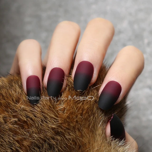 Coffin Matte Red Black Gradient Fake Nail Glossy Nails Black Red Medium False Nails Point Tip 24pcs False Nails Aliexpress