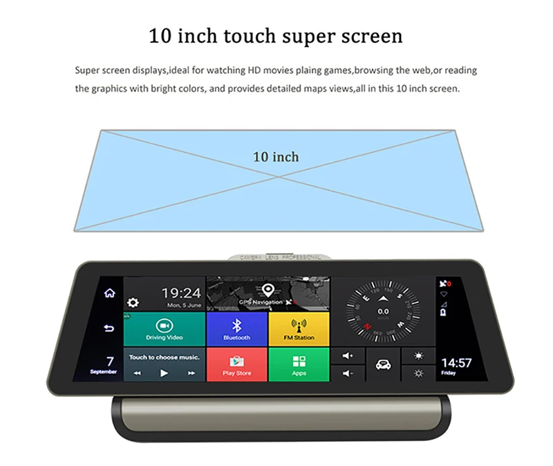 10 Inch 3G  4G Android Car DVR 1080P Video Camera GPS Navigation ADAS Full HD Camcorder Bluetooth WiFi Dual lens 6