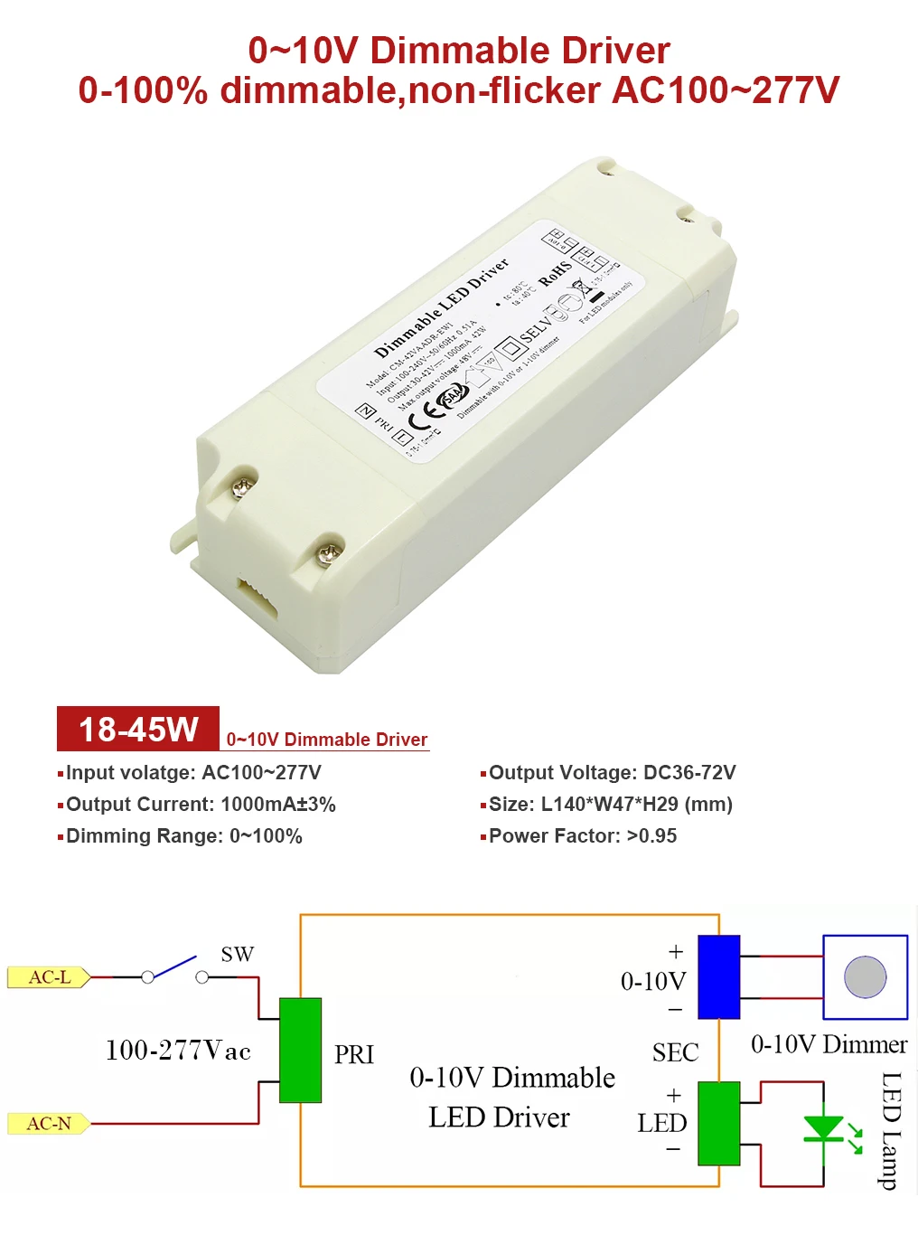 18-45 Вт Диммируемый драйвер светодиодов без мерцания 1A источник питания встроенный постоянное современное освещение трансформаторы AC100~ 277 В выход DC36-72V