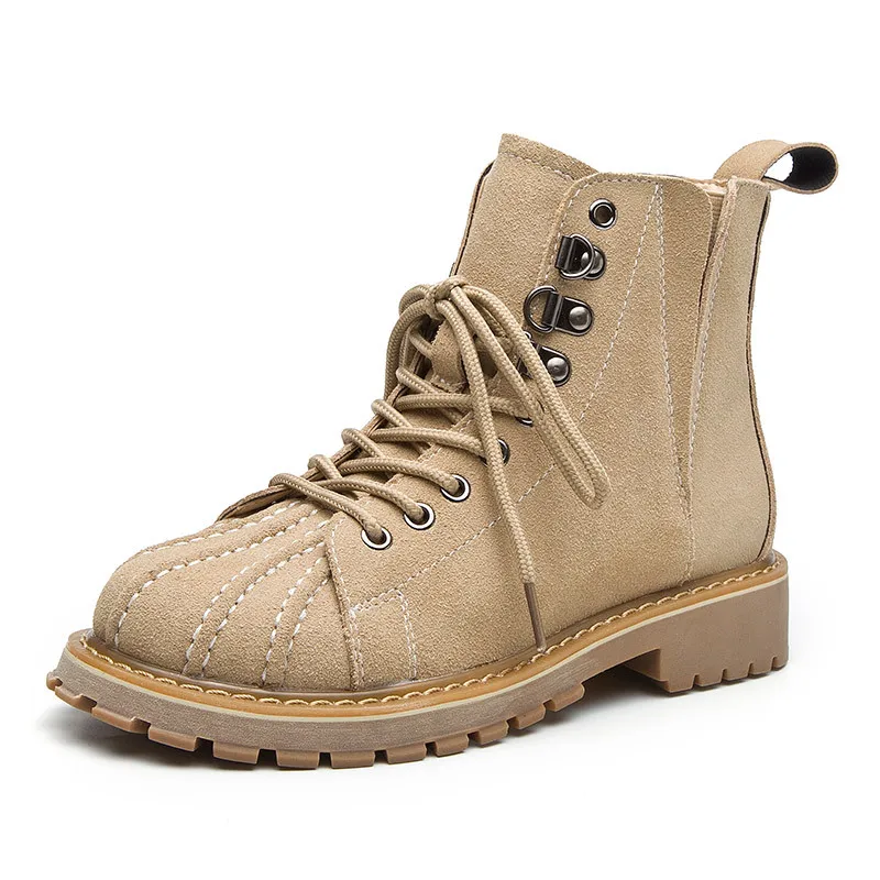 

Fashion Leisure Retro Women Martin Boots Solid Ankle Round Toe Punk Motorcycle Boots Med Square Heel Sewing Lace up Shoes