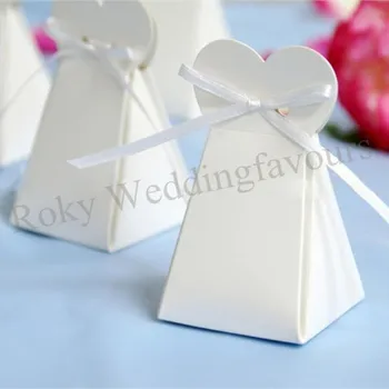 

Free Shipping 50pcs/lot Bride Dress WHITE Favor Boxes with White Satin Ribbon Sweet Boxes Wedding Favor Boxes Candy Holder