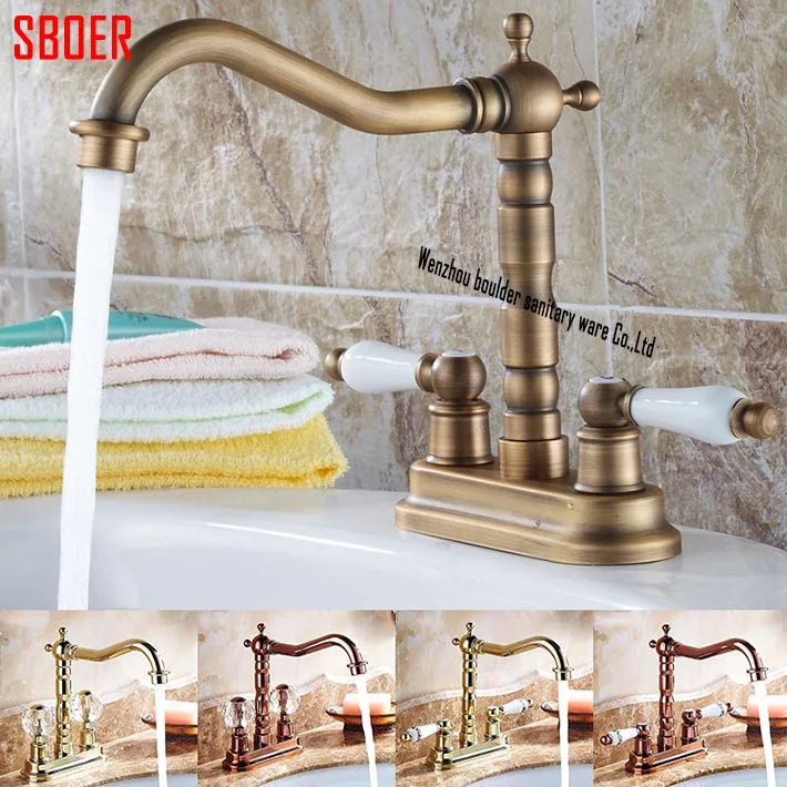 

Hot sell Antique Brass basin faucet, dual holes/handles centerset bathroom sink mixer water tap torneira deck mounted rose gold