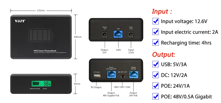 VJJT 7500mAh портативное зарядное устройство poe внешний смарт-аккумулятор для iphone для компьютера для устройств huawei