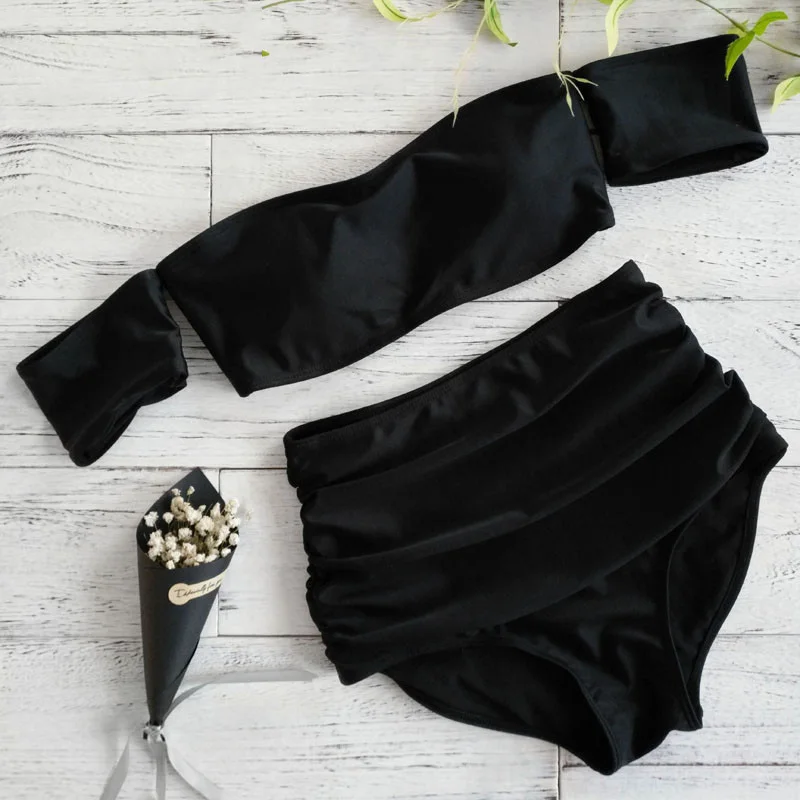 Günstig Off Schulter Badeanzug 2020 Neue Ankunft Liebsten Bandeau Sexy Bikini Set Frauen Bademode Hohe Taille Schwarz Backless Badeanzüge