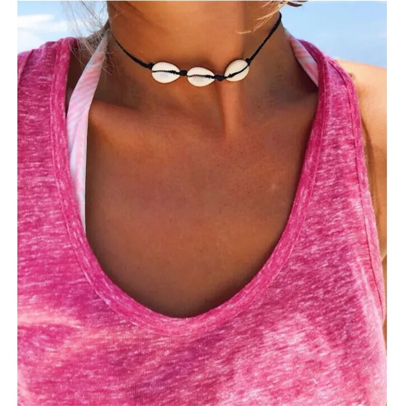 

Bohemian Natural Sea Shell Cowrie Necklace Leather Choker Necklace For Women Seashell Collar Conchas Summer Beach Jewelry 2019