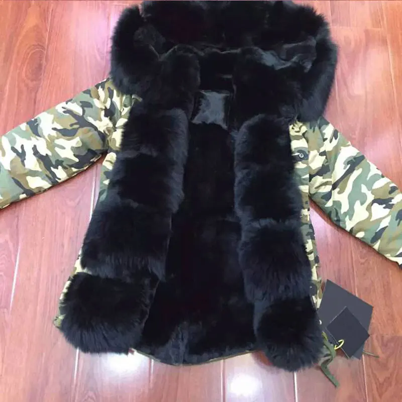 Black fake black fox fur parka coat Clearance