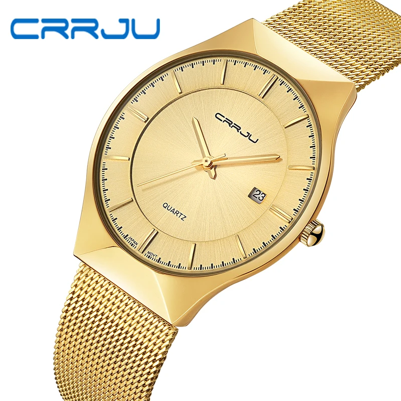 

Watches Men CRRJU Top Brand golden ultra slim Top thin Quartz-Watch Men Casual Business Watch JAPAN Analog Men Relogio Masculino