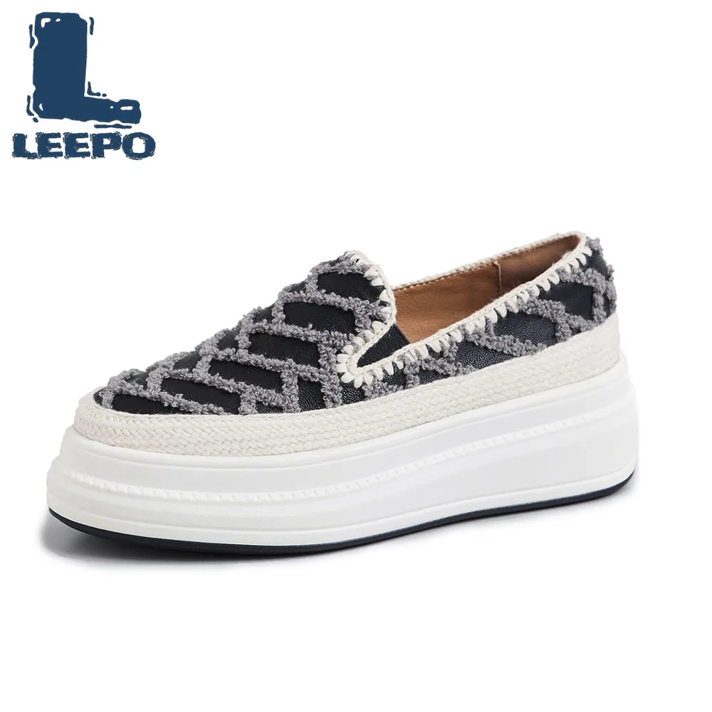 

LEEPO Platform Loafers Shoes for Women Handmade Genuine Leather Flats Shoes Ladies Striped Embroider Graffiti Slip-On Flats