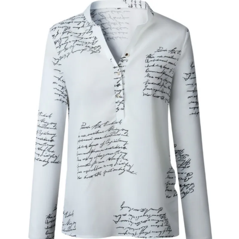 

Women Plain Letters White Shirts Blouse Female Casual Long Sleeve V Neck Button Fashion Blouses Shirt Tops Femme 2019