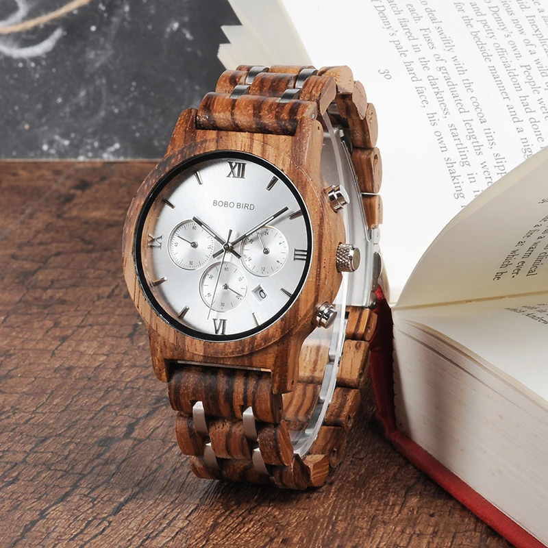 madeira data aço inoxidável quartzo cronógrafo relógios