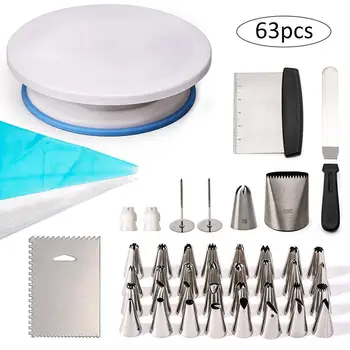 

63PCS Cake Decorating Kit Pastry Nozzles Scraper Board Nail Set Cake With Turntable Decorative Mounting Patterns Tool Bake Set