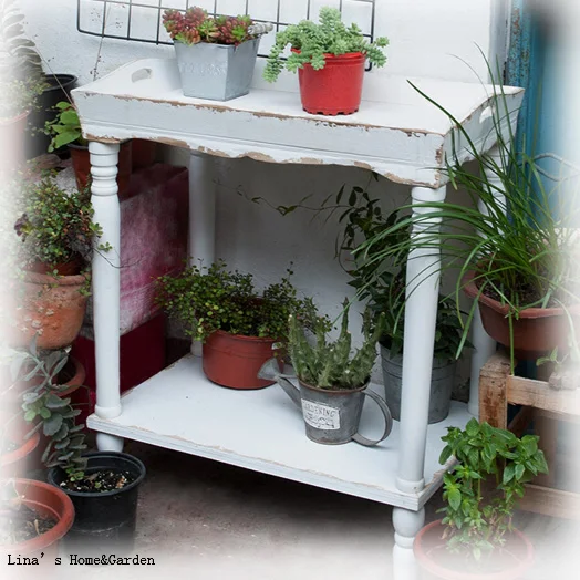 

Knock down handmade shabby white wood tray table, 2 tier french garden flower pot stand