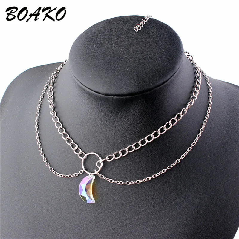

BOAKO Crystal Moon Necklaces & Pendants for Women Bohemian Double-layer Multi-layer Necklace Short Chain Choker Necklace Collier