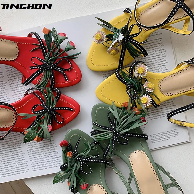 TINGHON Luxury Flower Kitten Heel Women Sandals French Style Elegant Summer Sandals Mixed Colors Women Sandals Shoes